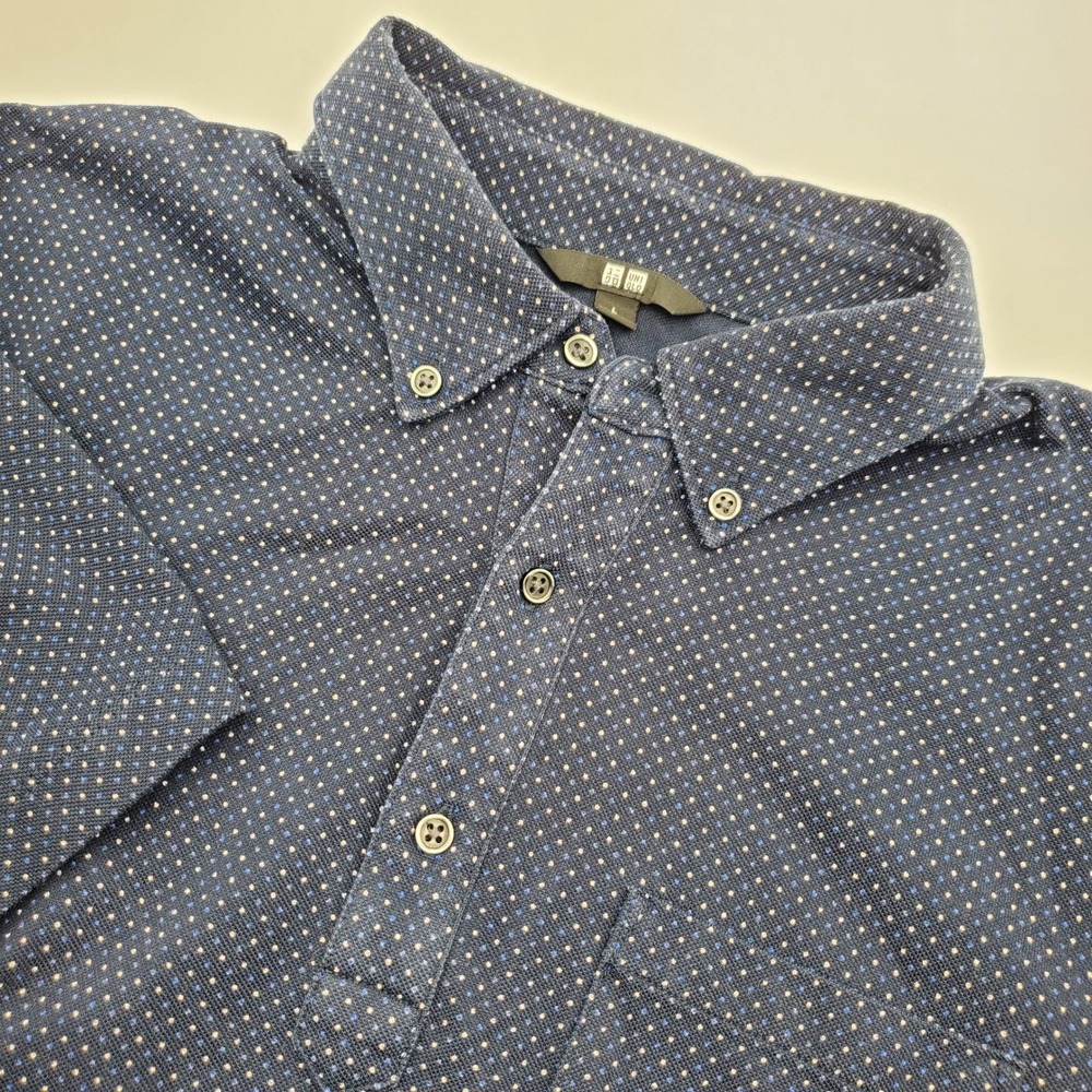 Uniqlo Mens Navy Polka Dot Button Down Collar Polo Shirt Large 341-169357